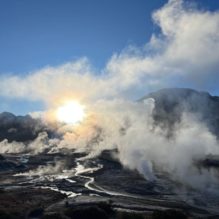 Columnas de vapor al amanecer en los Géiseres del Tatio